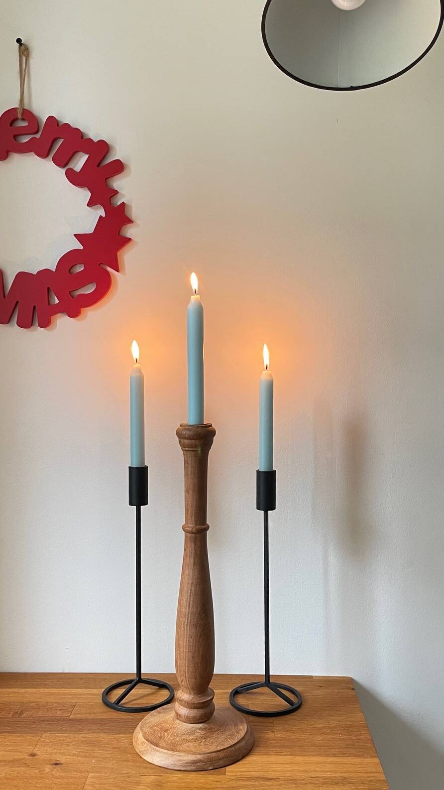 Trio of Vintage Teak and Steel Candlesticks
