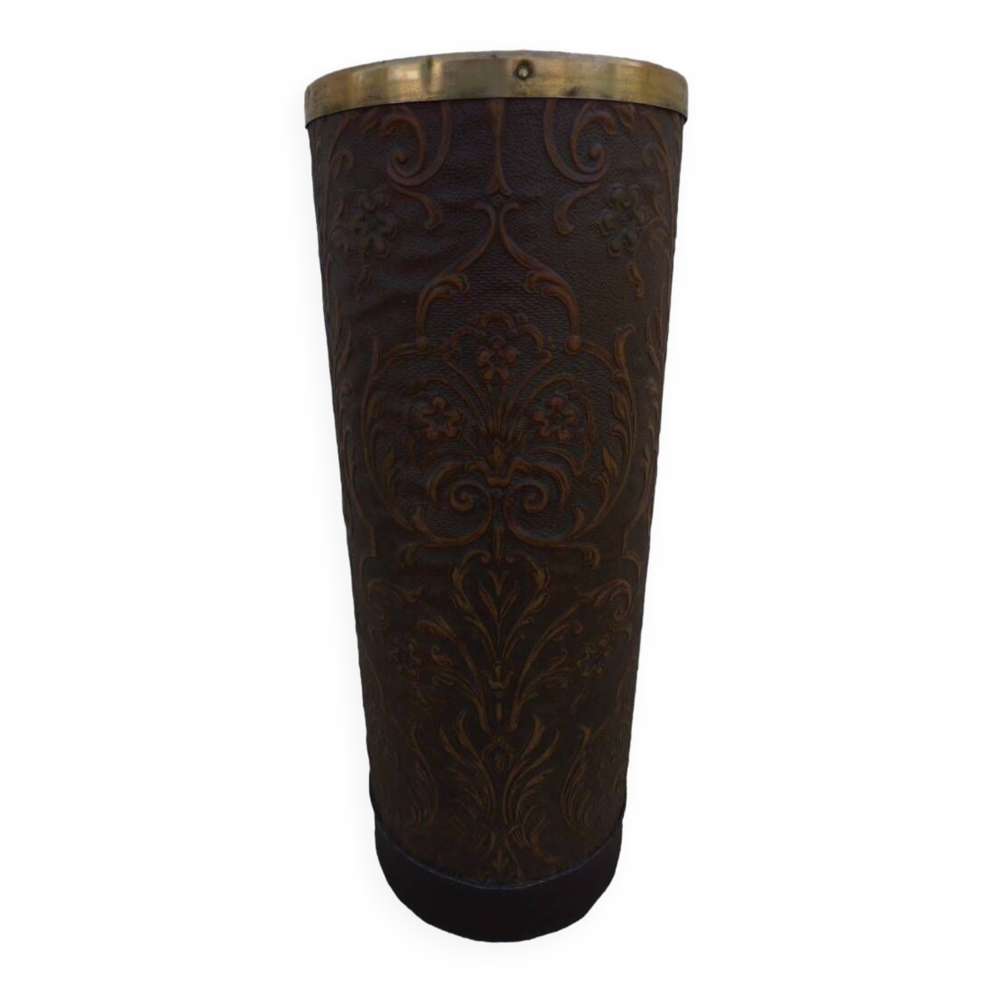 Art deco umbrella stand in boiled cardboard with copper and imitation leather strapping