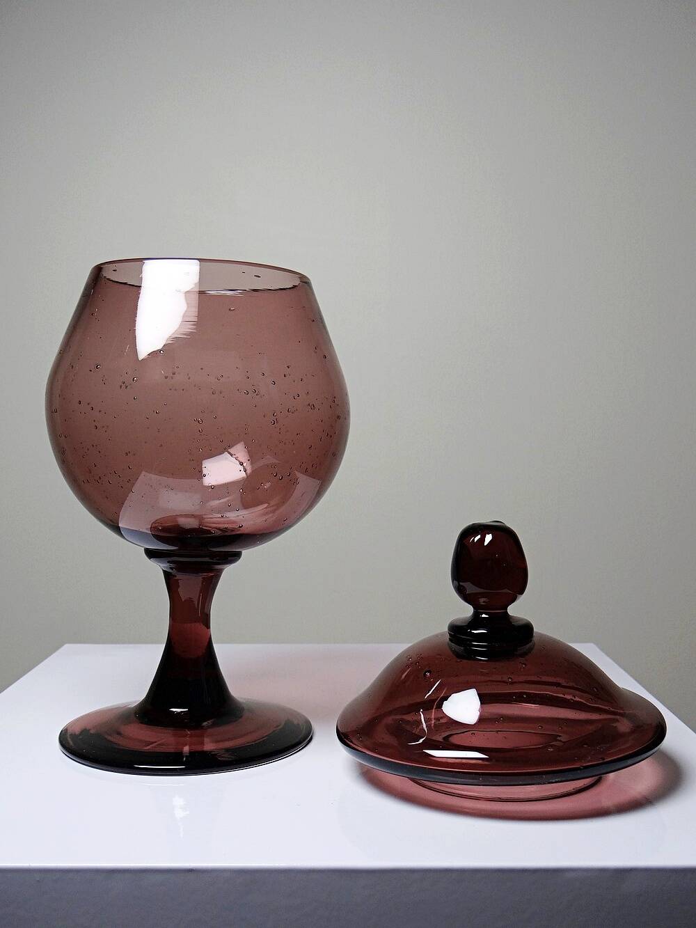 Pot, vintage purple plum bubble glass sweet jar in the style of Biot.