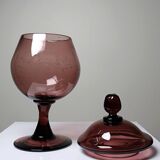 Pot, vintage purple plum bubble glass sweet jar in the style of Biot.