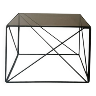 Isosceles coffee table in wired metal and black smoked glass, Max Sauze design 1970
