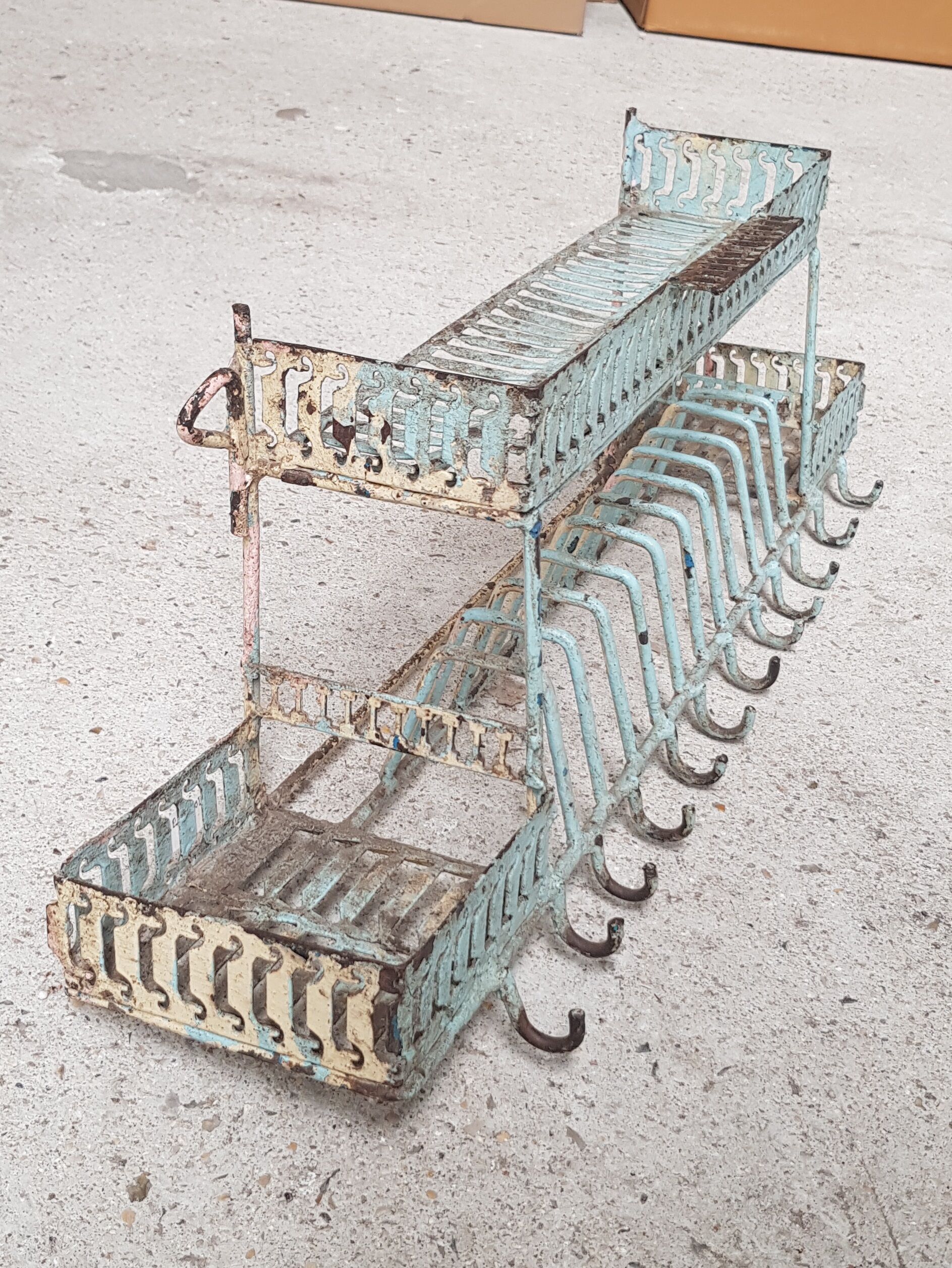 Old wall shelf - metal drainer with its original green patina