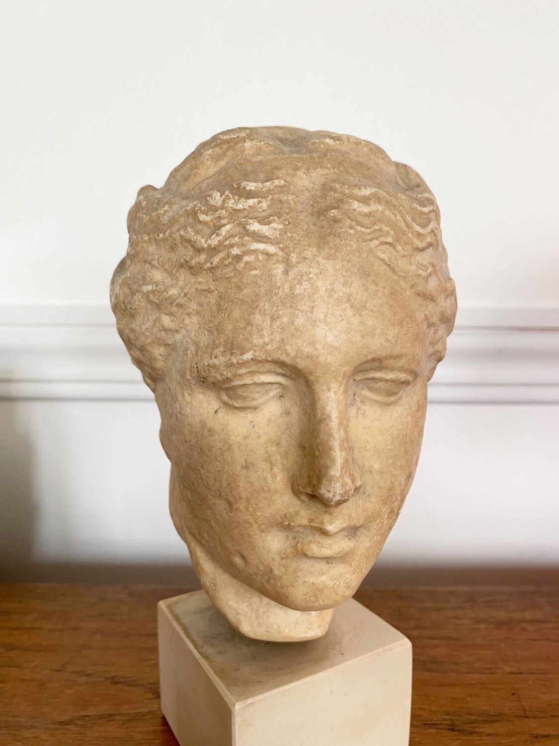 Head of a greek goddess in stone
