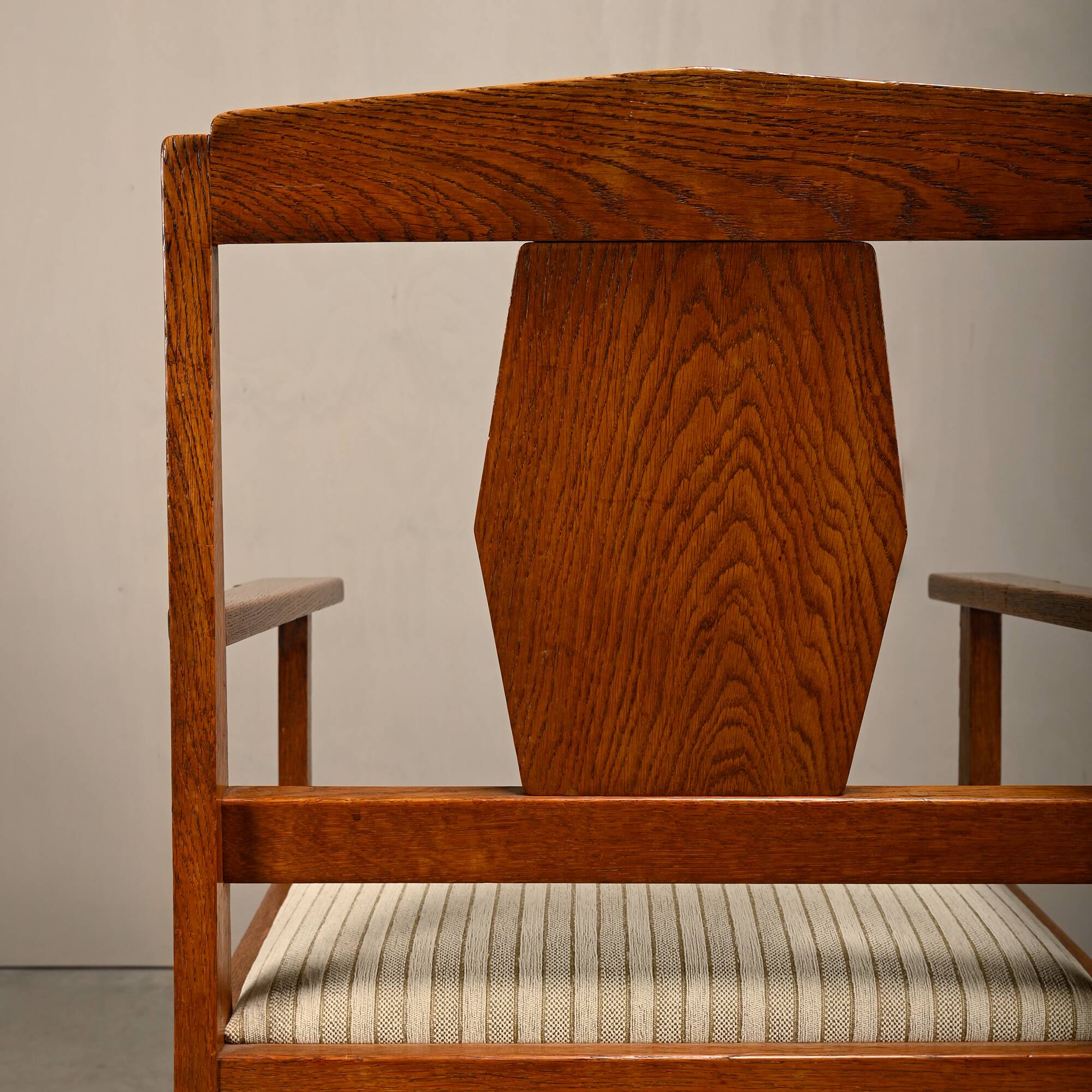 Dutch Art Deco Amsterdam School Armchairs in solid Oak and striped fabric