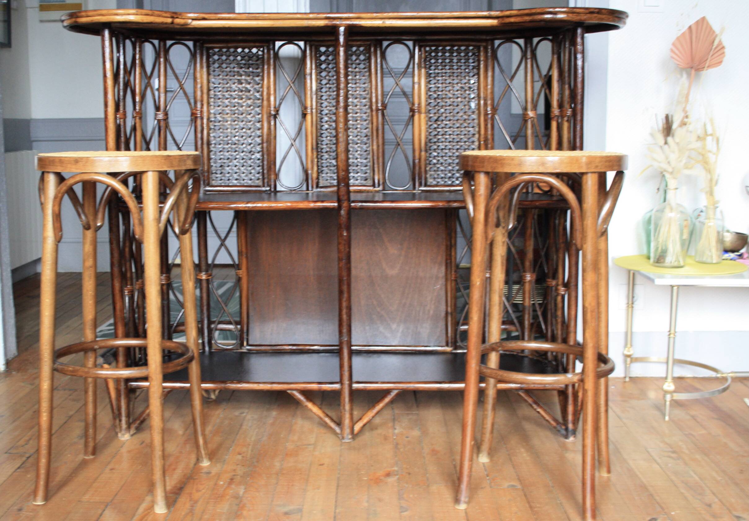 high cane and wood stool