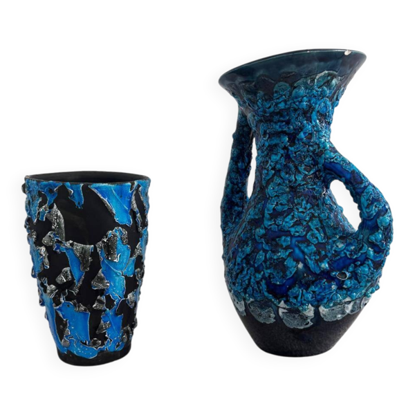 2 céramiques artistiques vintage, vase et pichet émaillés