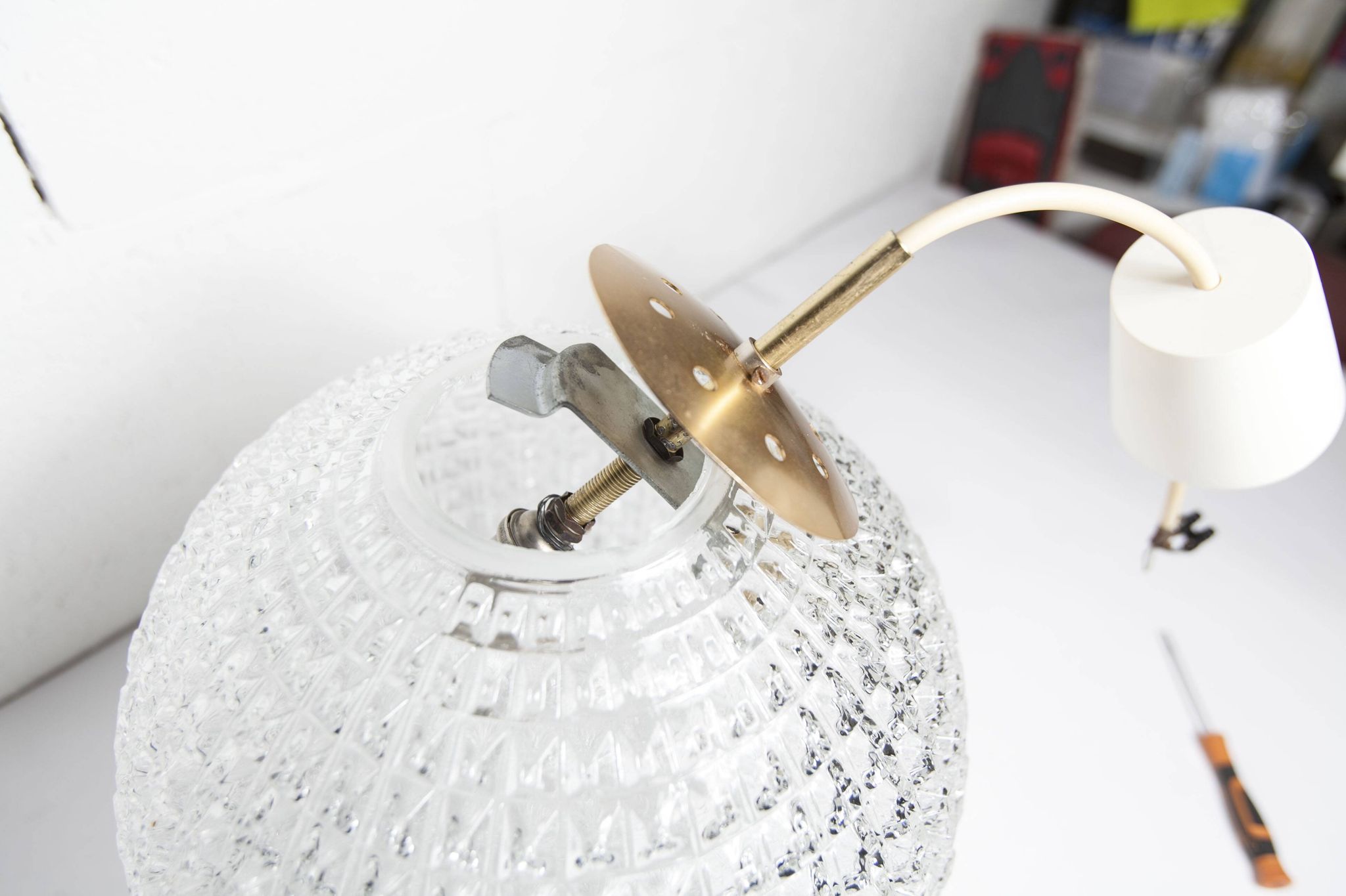 1960s Holophane Ball Pendant Chandelier, Thick Glass, 30 cm, and Vintage Brass