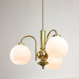 Lustre Mid-Century en Laiton et Opaline, Italie