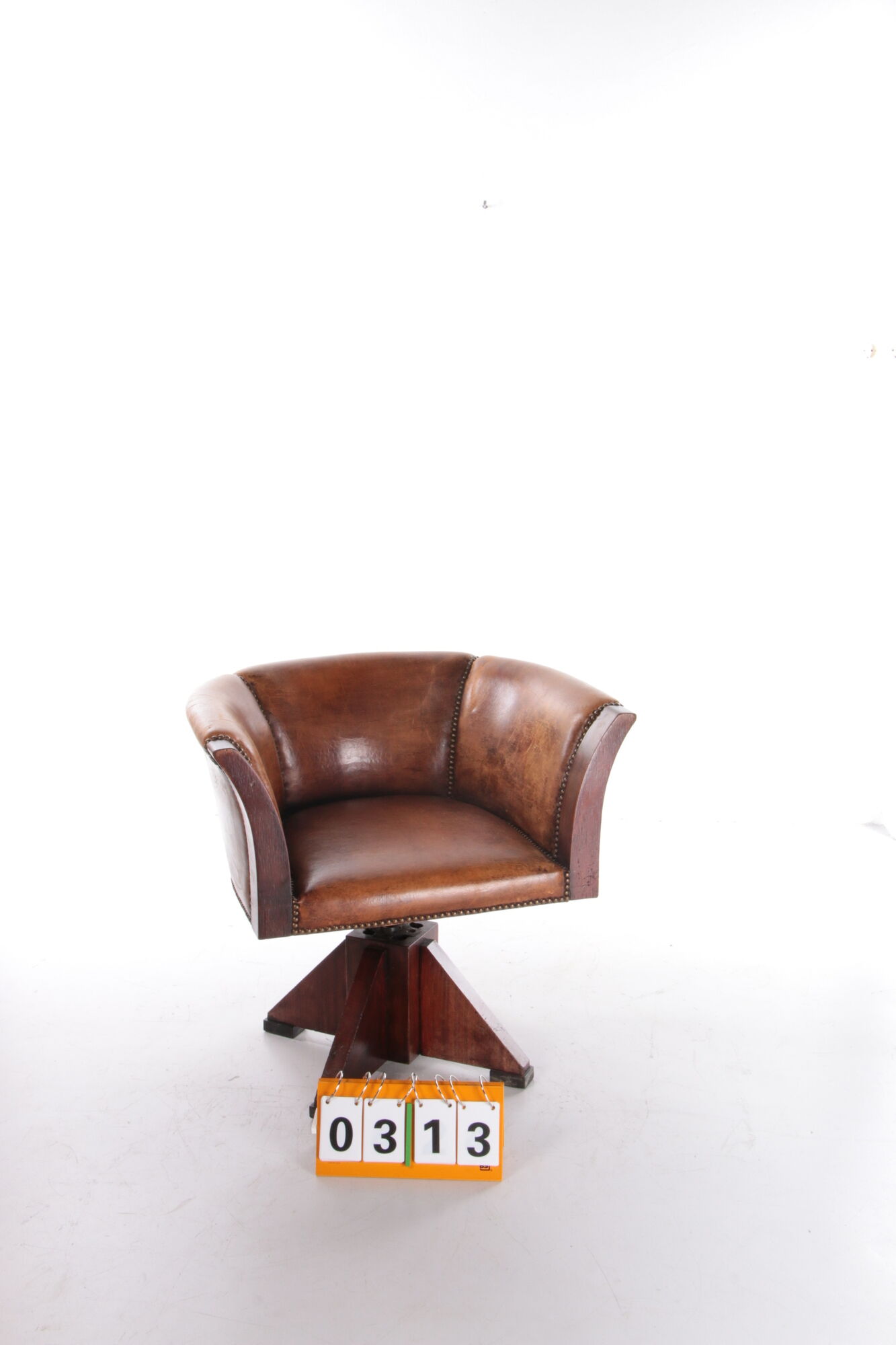 Sheepskin leather desk chair with wooden swivel base, 1970