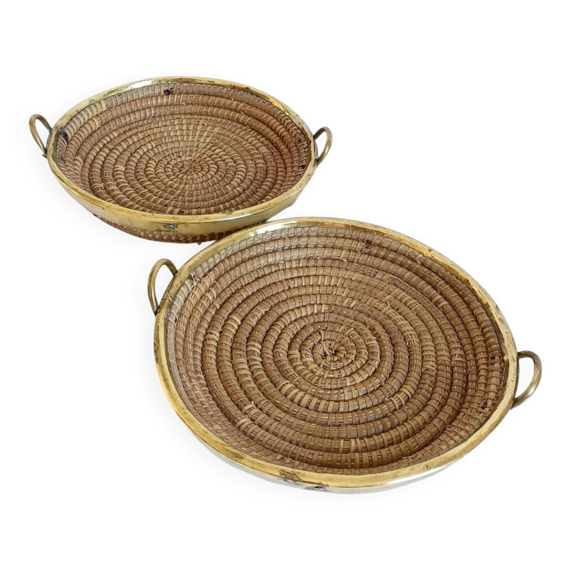 1970s Gabriella Crespi Style Handmade Natural Fiber and Brass Trays