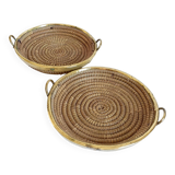 1970s Gabriella Crespi Style Handmade Natural Fiber and Brass Trays