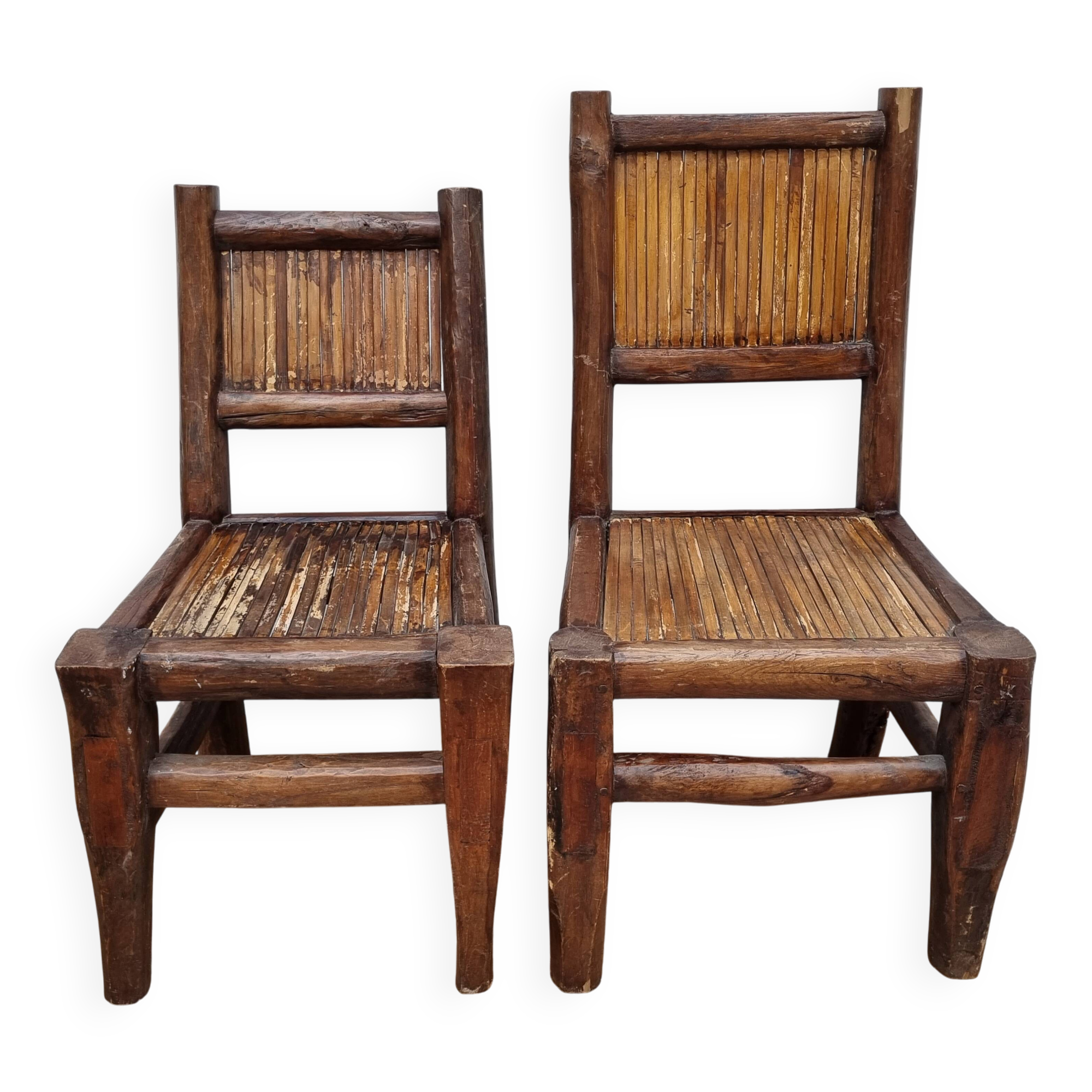 Pair of solid wood and bamboo chairs, brutalist style, 90 cm