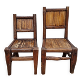 Pair of solid wood and bamboo chairs, brutalist style, 90 cm