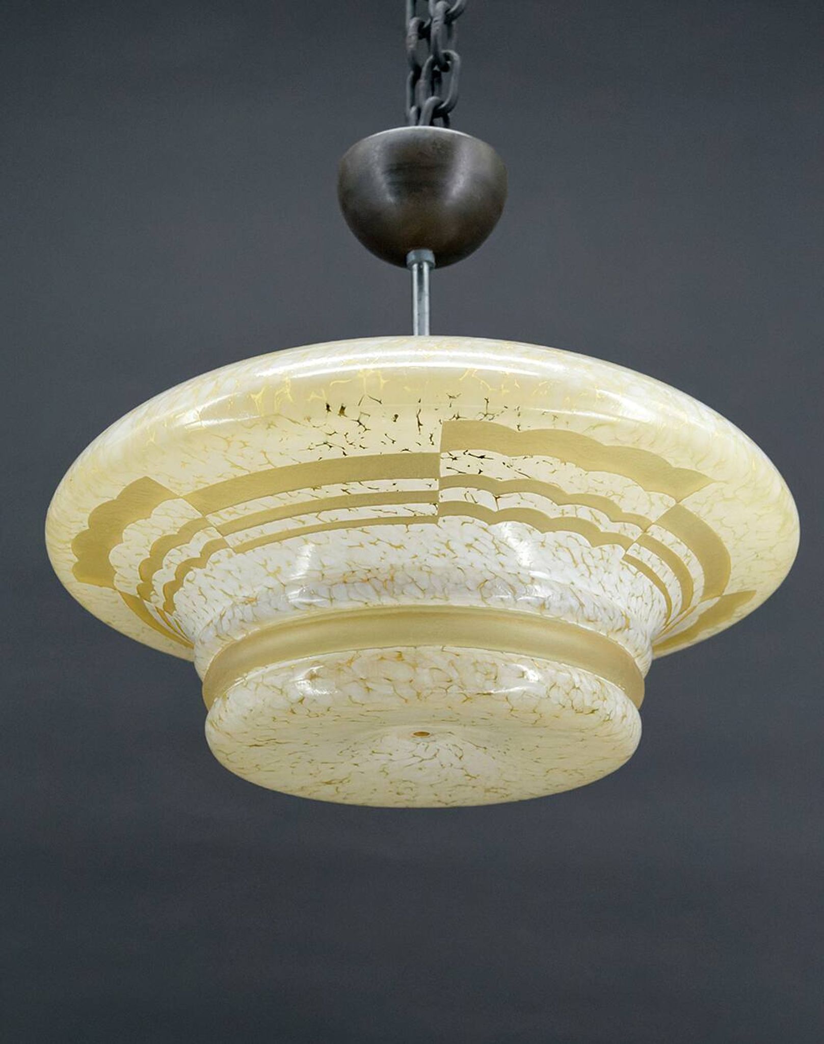 Modernist Art Deco pendant light in acid-etched “cloud” glass, France, Circa 1930