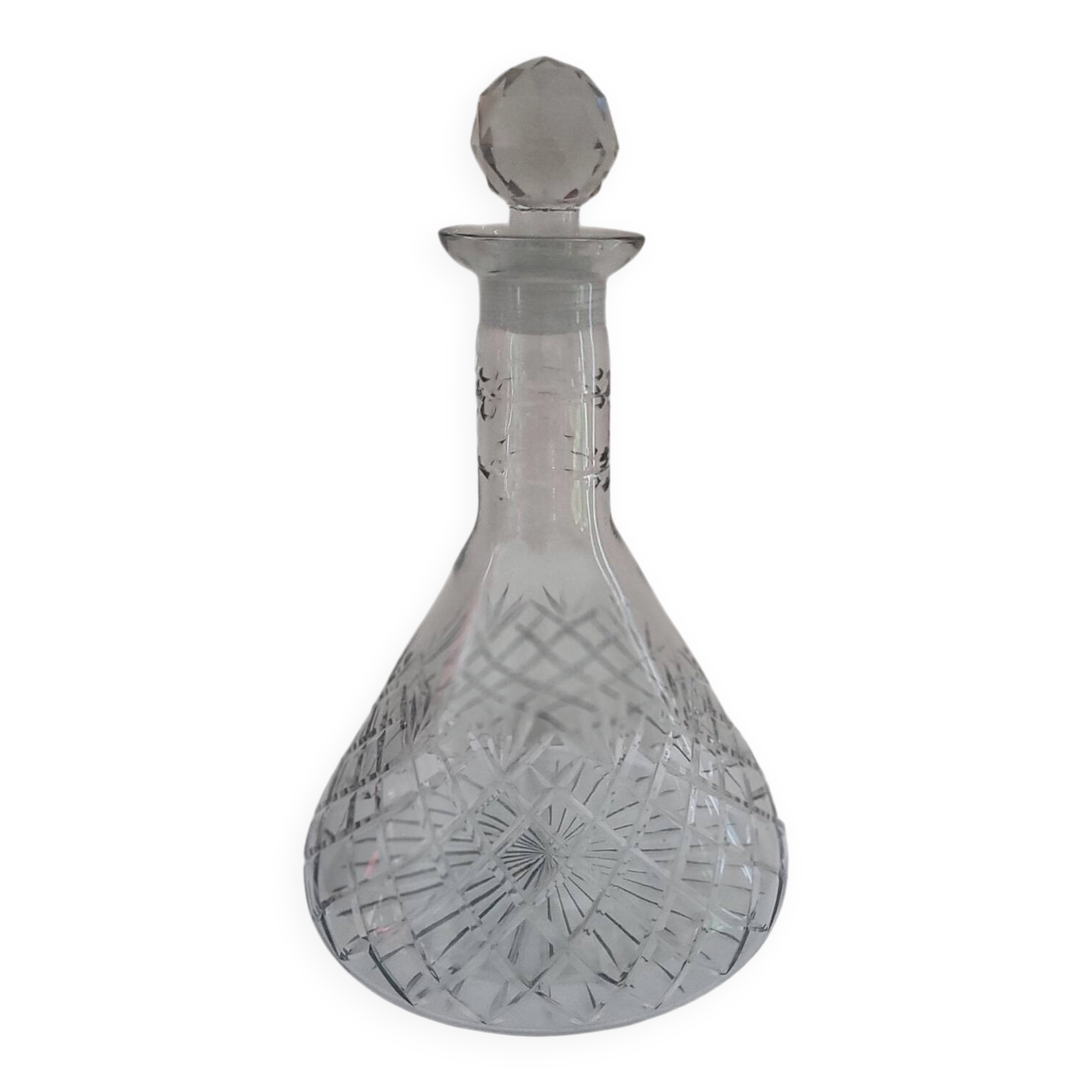 Carafe verre taillé, décor losangé & bouchon diamantaire 60's