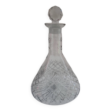 Carafe verre taillé, décor losangé & bouchon diamantaire 60's