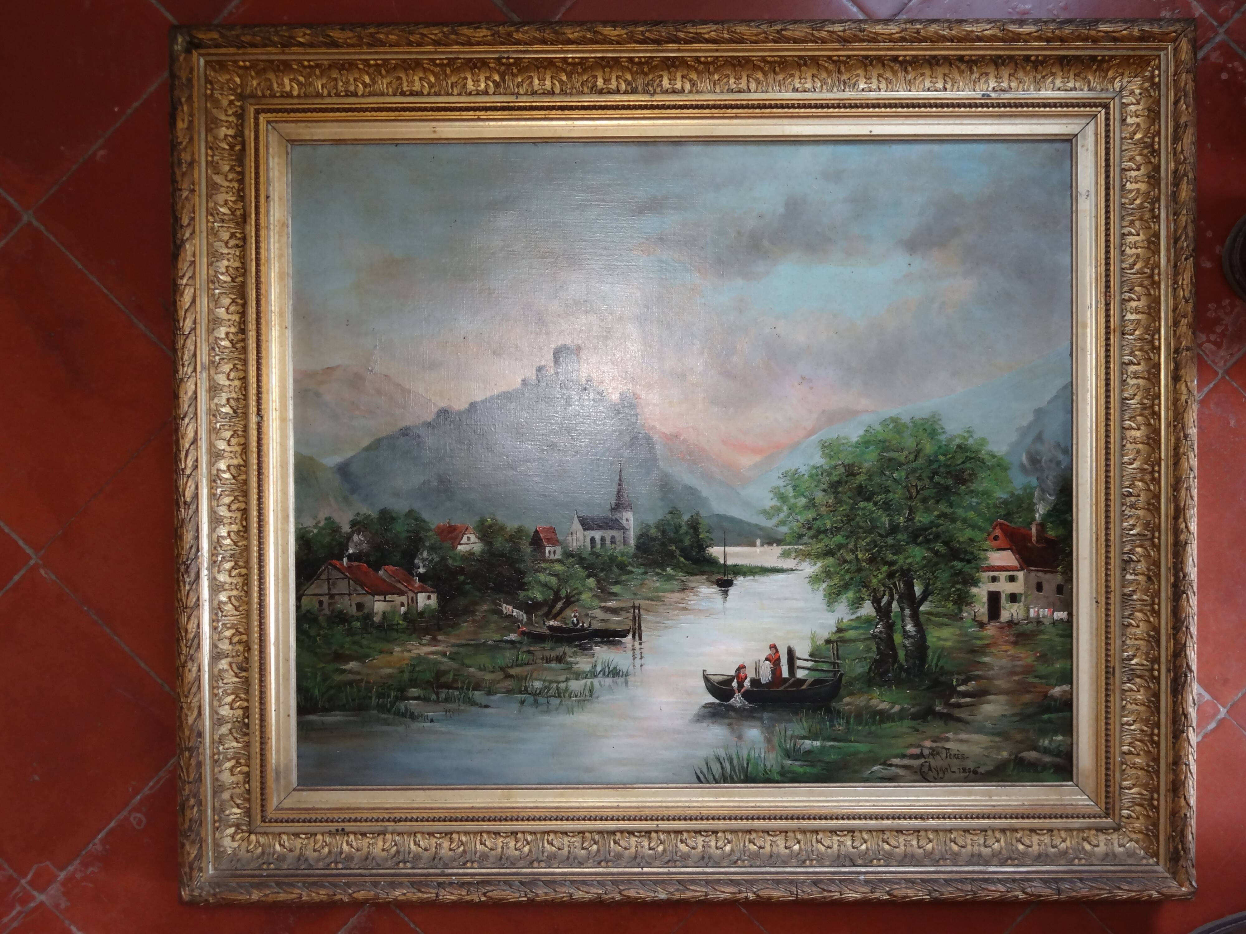 Animated landscape, washerwomen by the river, 81 x 70 cm, Oil on canvas XIXth by E. AYGAL