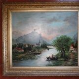 Animated landscape, washerwomen by the river, 81 x 70 cm, Oil on canvas XIXth by E. AYGAL