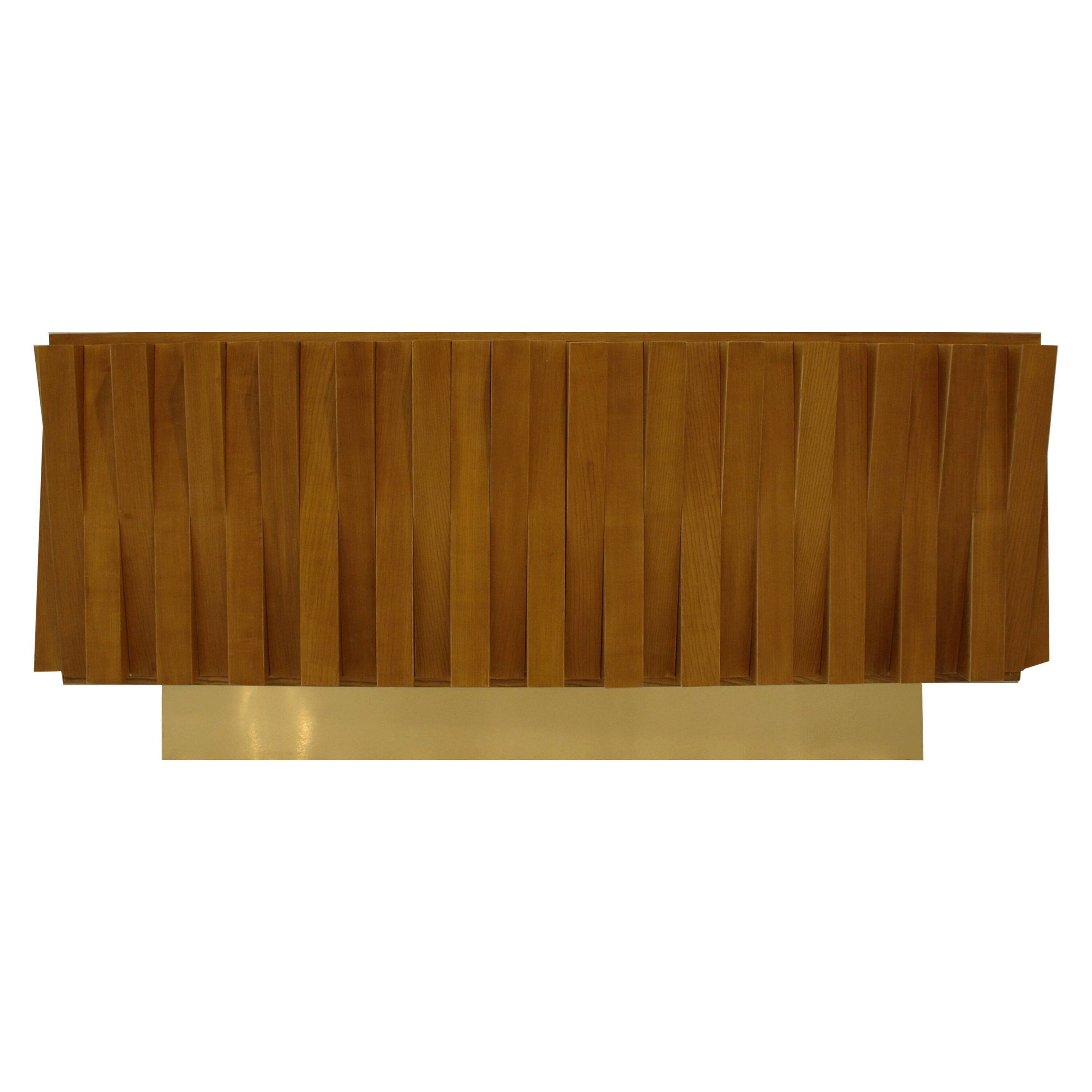 Brutalist Style Cabinet, Italian Faceted Oakwood and Brass Sideboard