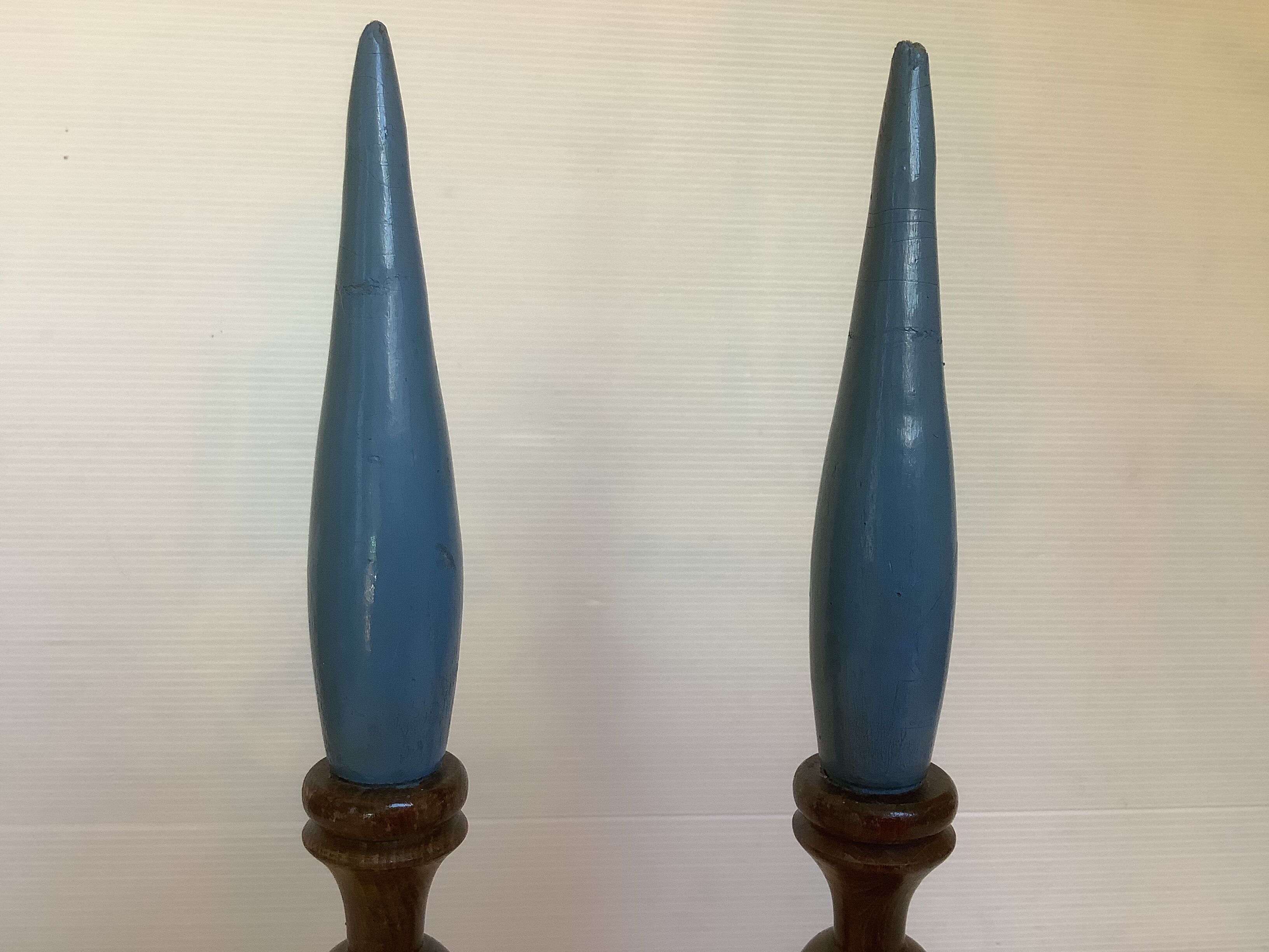 Pair of old candlesticks wood candles dummy blue wood