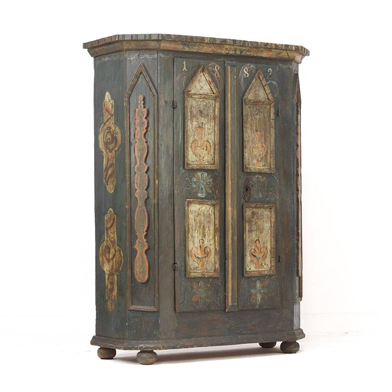 Antique Rustic Farmhouse Folk Art Painted Bridal Cabinet 1882