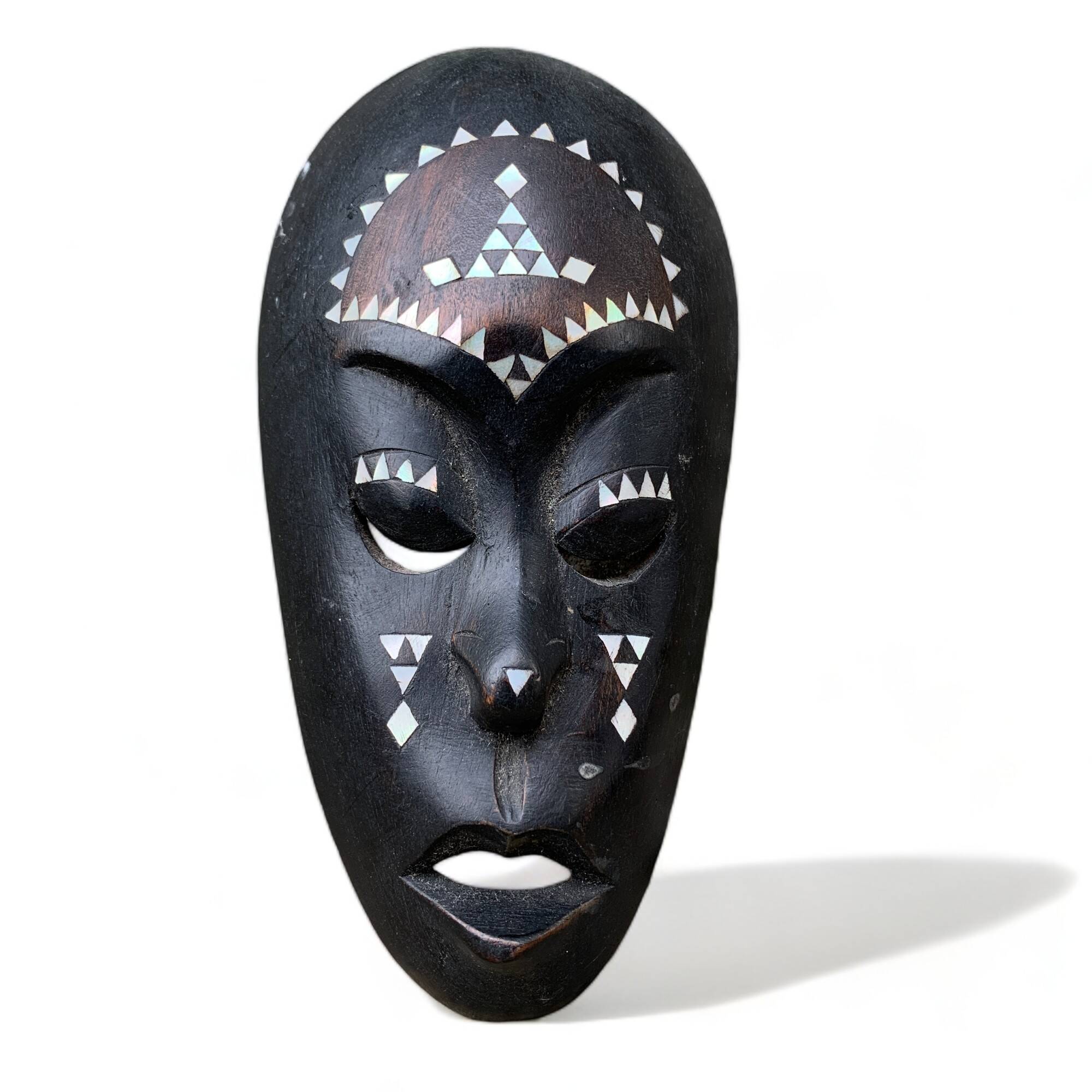 Africa mask in shell wood inlaid Ivory Coast Baoulé African art 1989 old vintage