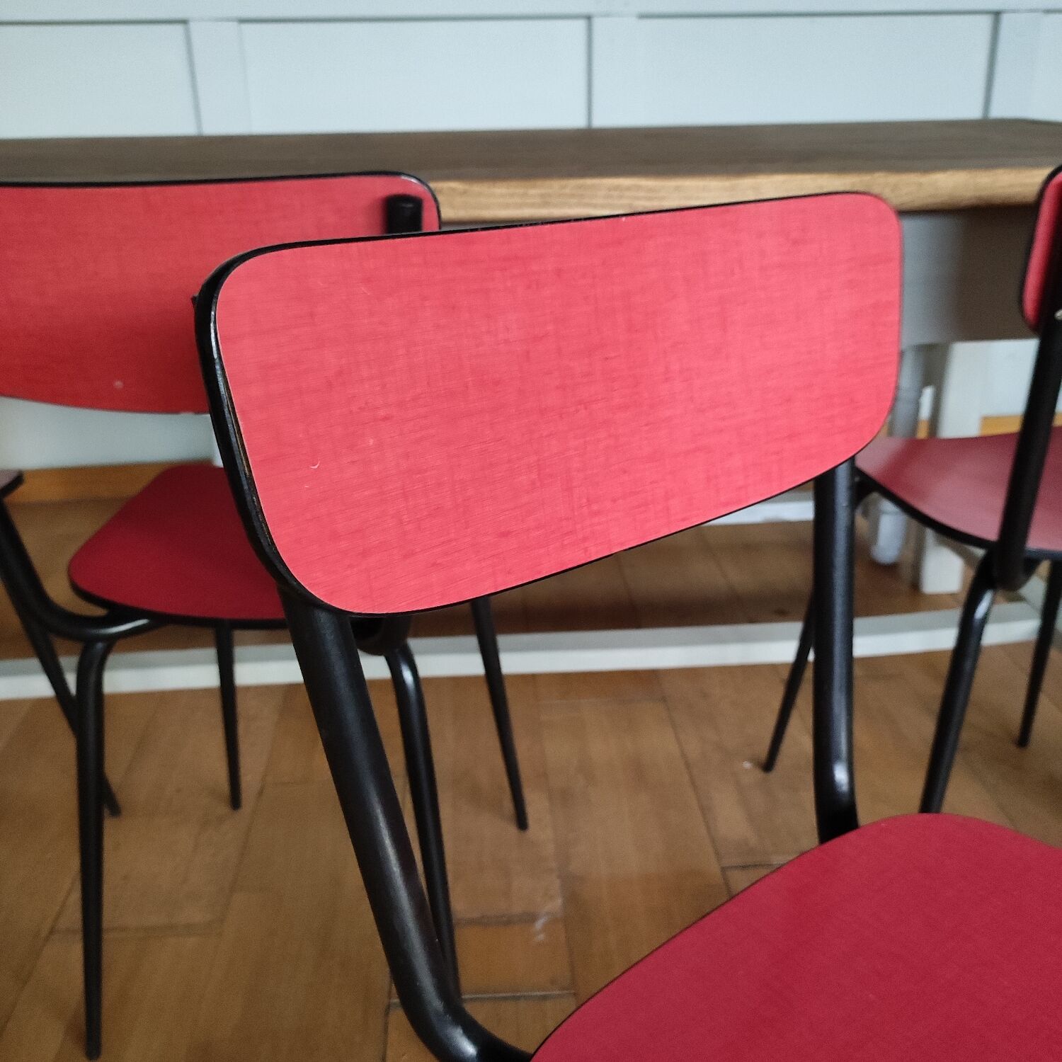 4 restored red formica chairs with black legs