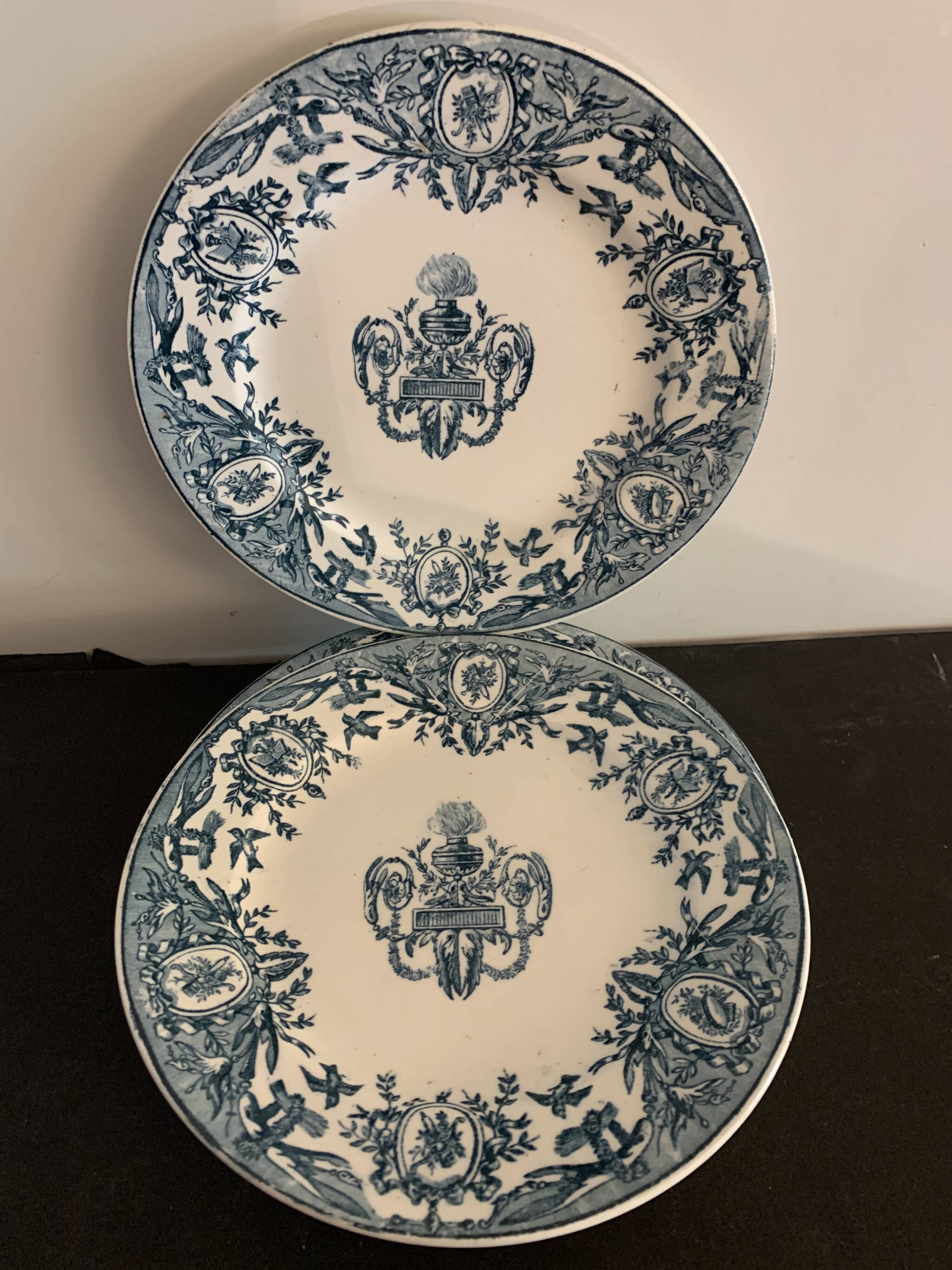 10 old blue flat plates Terre de Fer Léon Graves model Louis XVI, twentieth century
