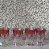 7 aperitif glasses in red and transparent glass chiseled vintage