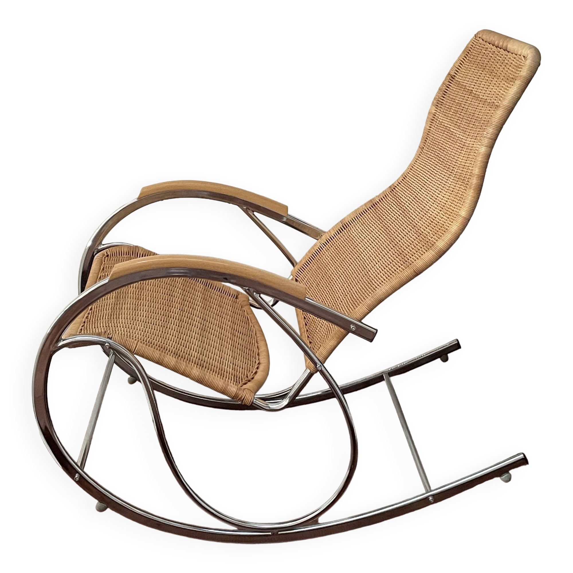 Bauhaus style rocking chair, chrome metal, rattan and beech wood, 1960-70