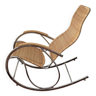 Bauhaus style rocking chair, chrome metal, rattan and beech wood, 1960-70