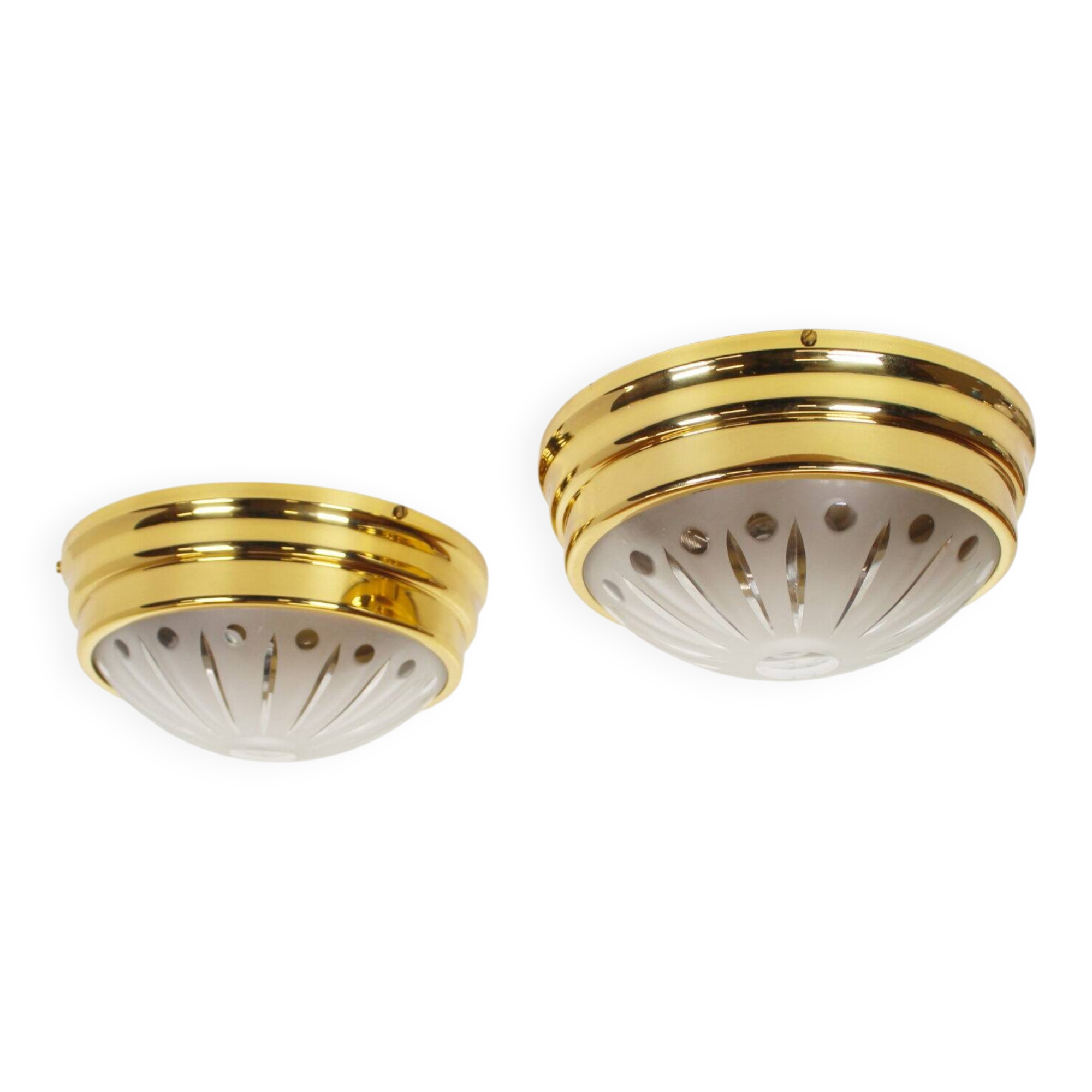 Pair of vintage brass ceiling lights with glass globe