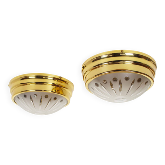 Pair of vintage brass ceiling lights with glass globe