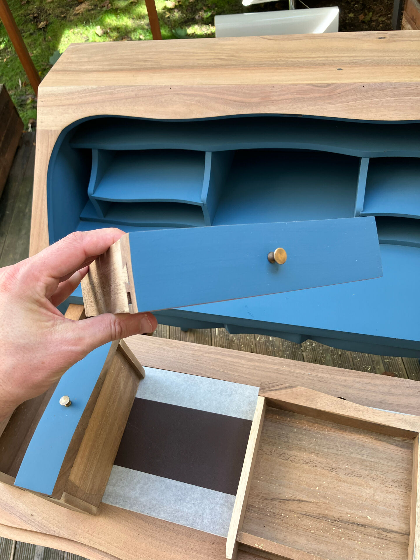 Restored antique drop-leaf secretary – natural wood & midnight blue