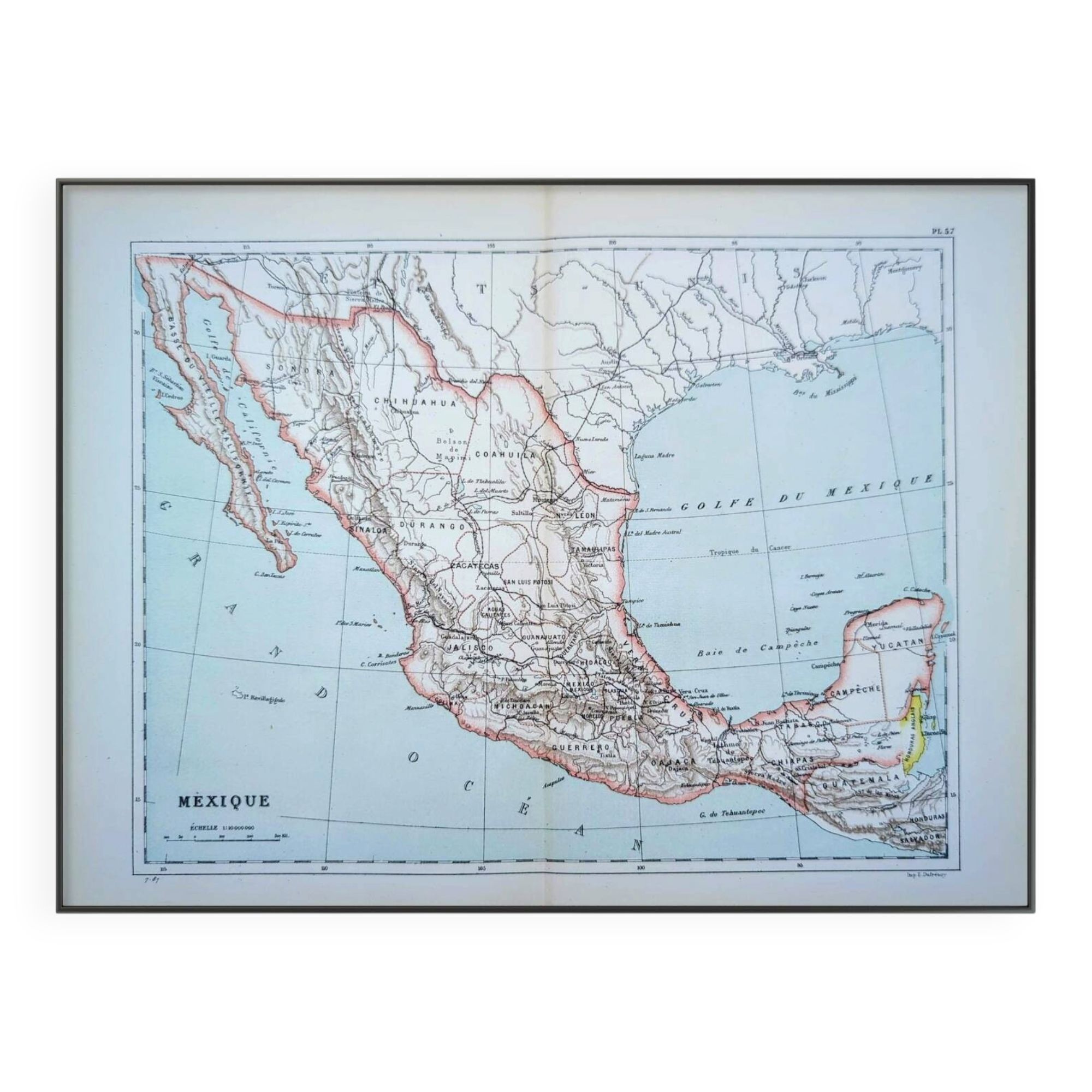 Mexique, carte d'époque, 1887, Authentique.