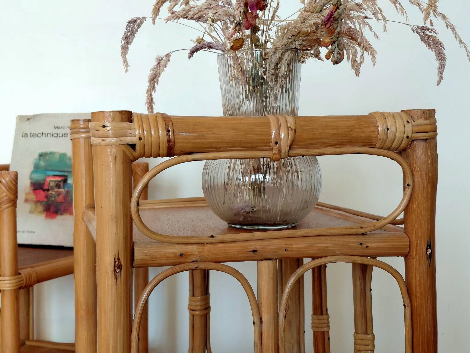 Pair of bedside tables/vintage bamboo and rattan accent furniture - 1970s