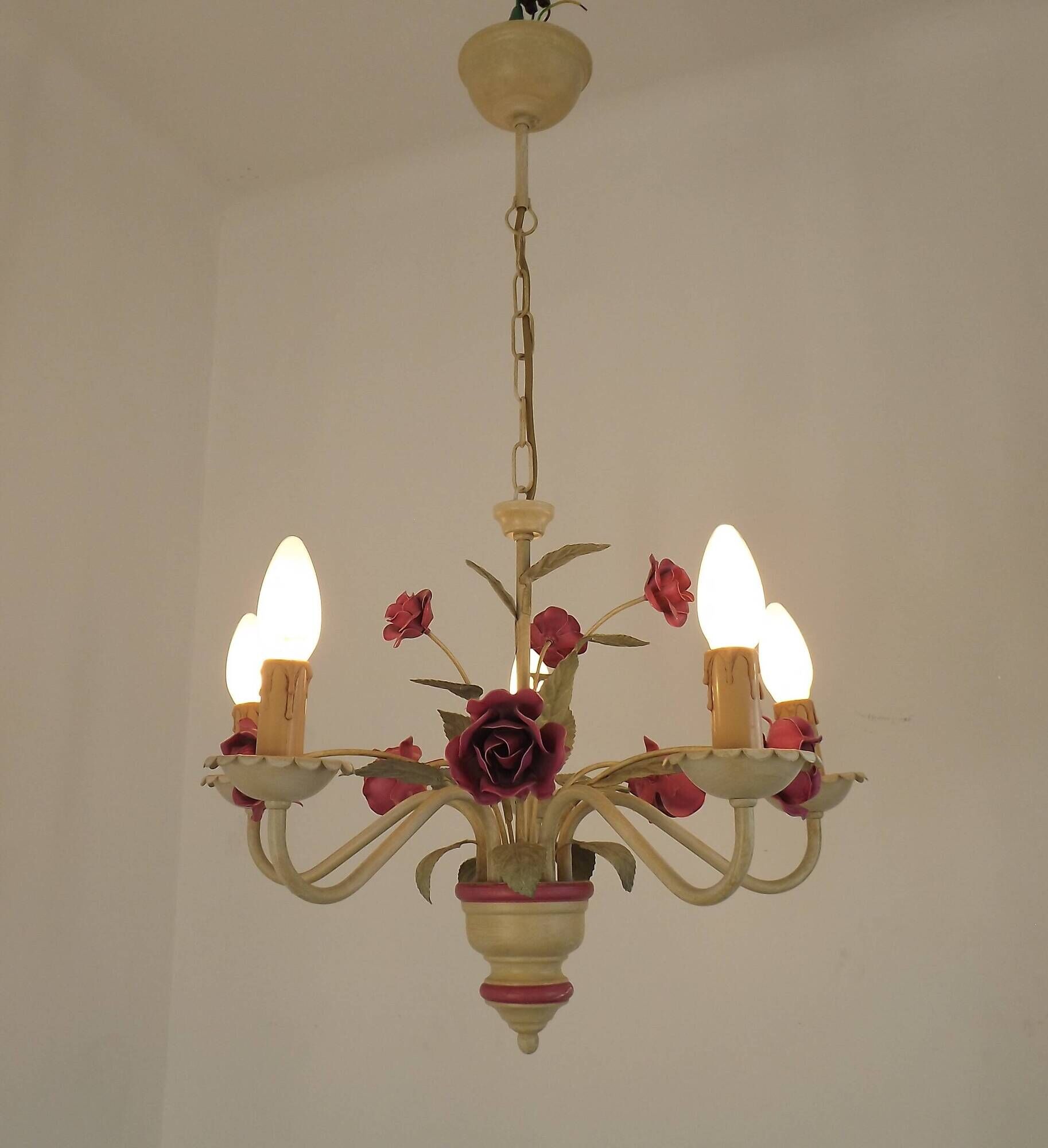 French vintage metal deep pink rose and green leaf 5-light chandelier