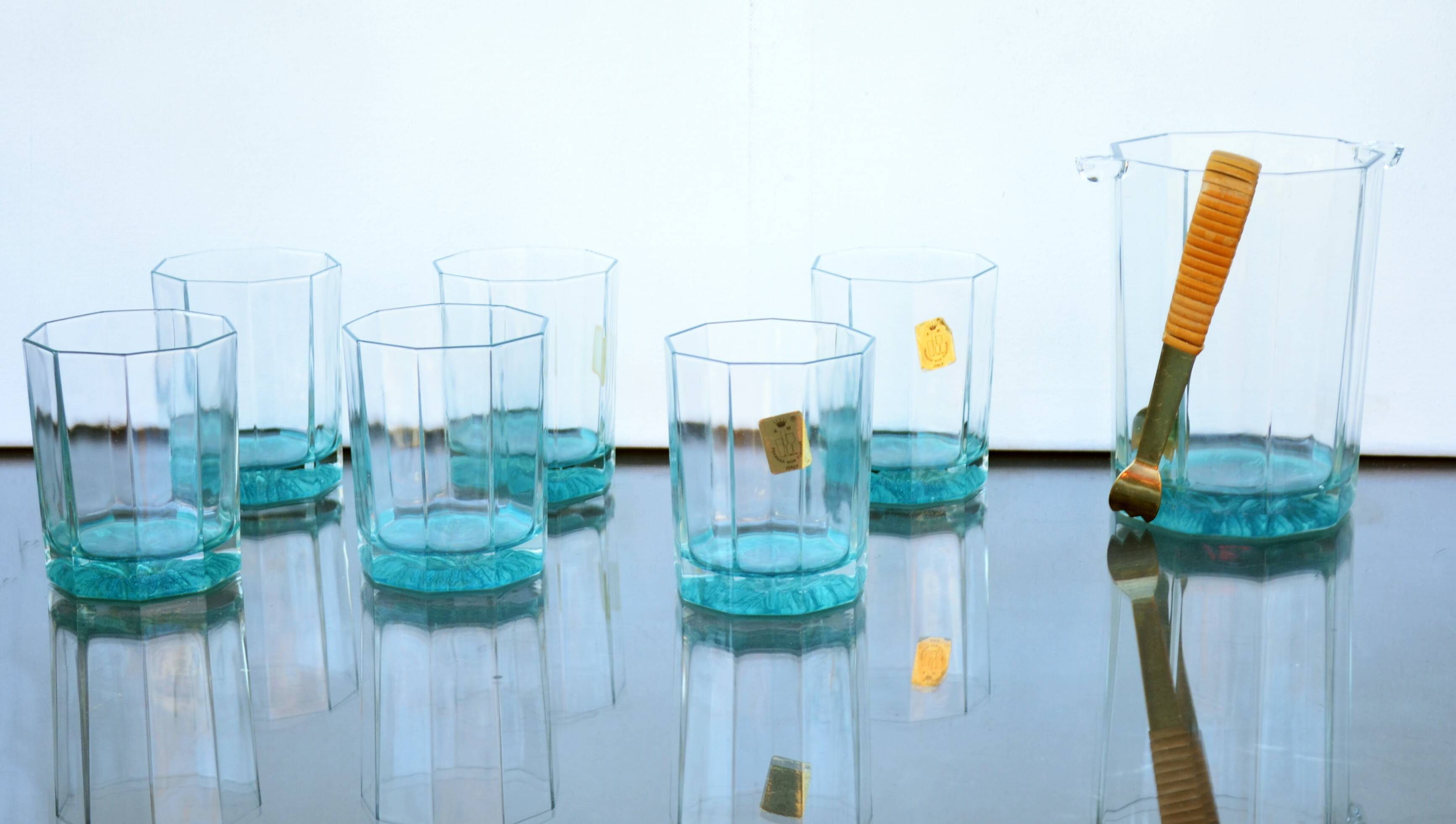 Mid Century Italy Frangar Non Flectar Whiskey Set of Blue Glasses With Ice Bucket and Fork Tongs