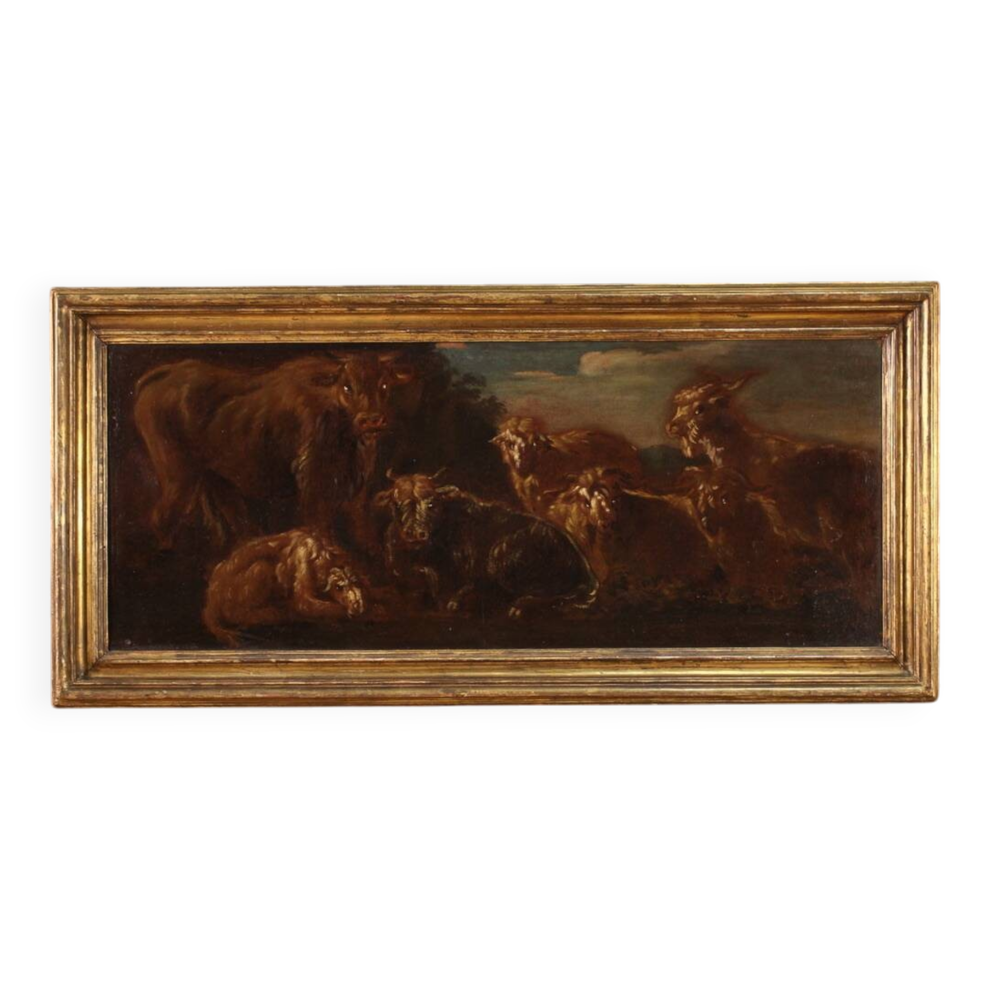 Italian painting from the 17th century, landscape with grazing animals