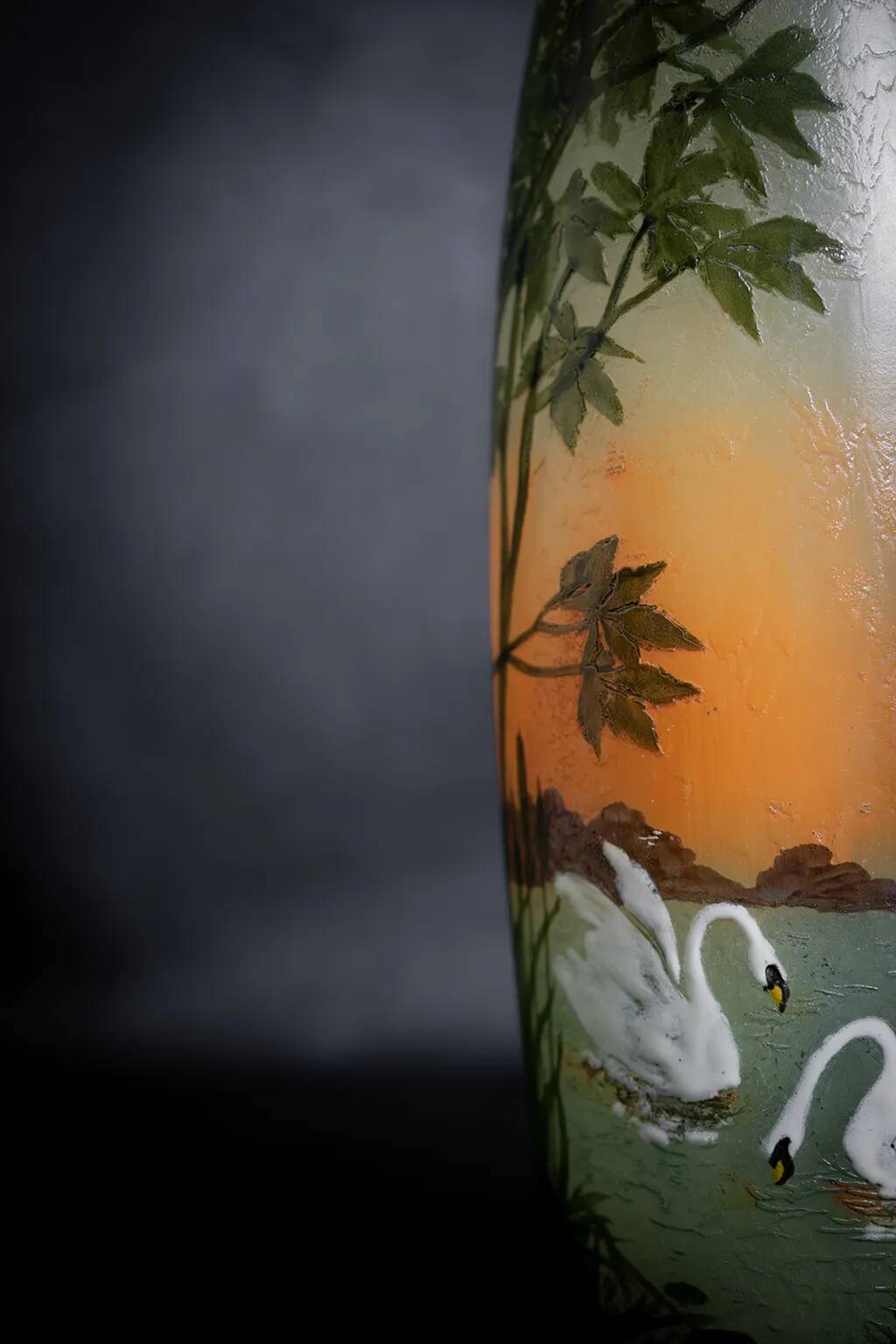 Large Legras Art Nouveau vase in acid-etched glass | Swan Lake