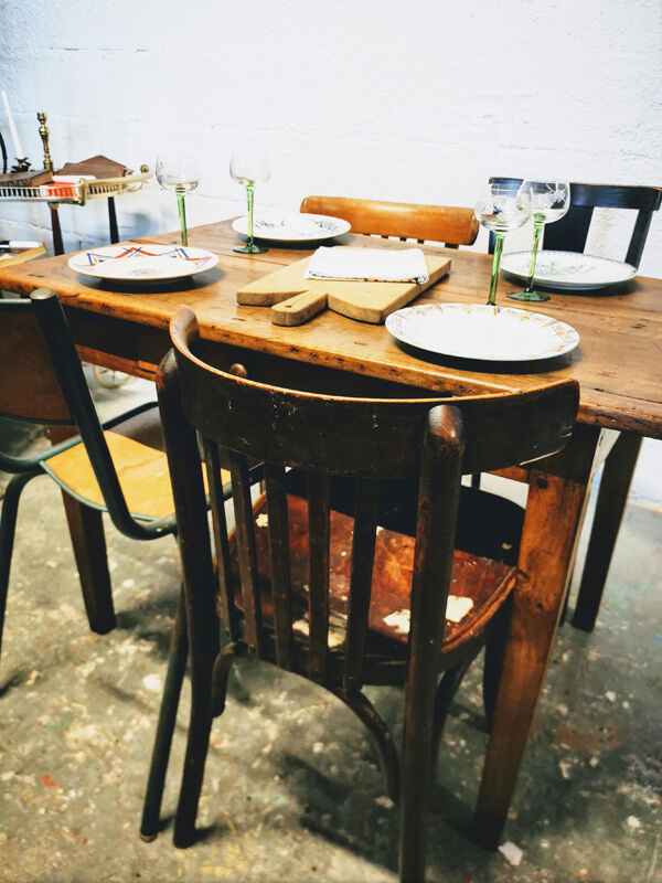 Old farm table with extension cords