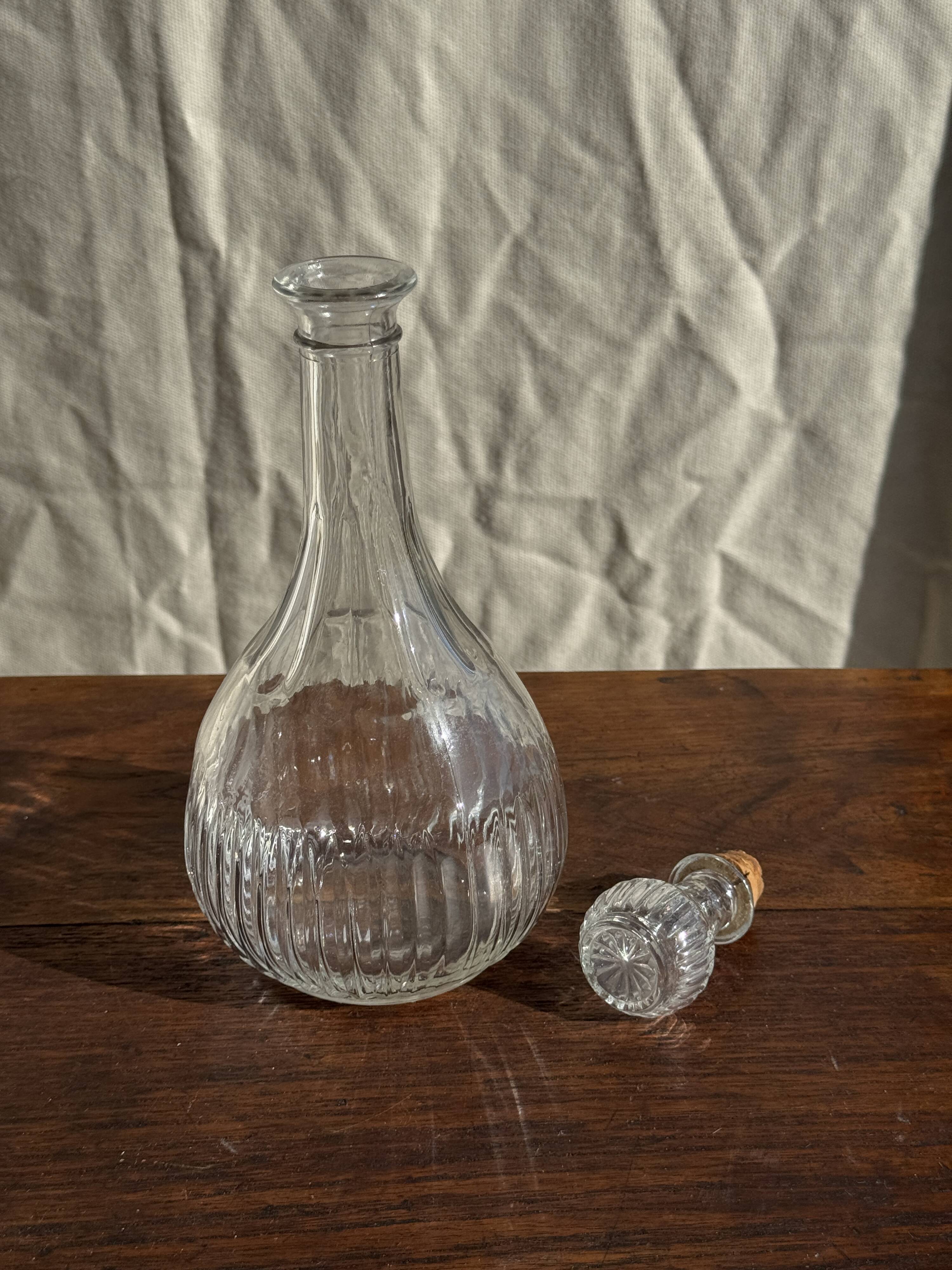 Vintage round-shaped glass carafe with cork stopper H27