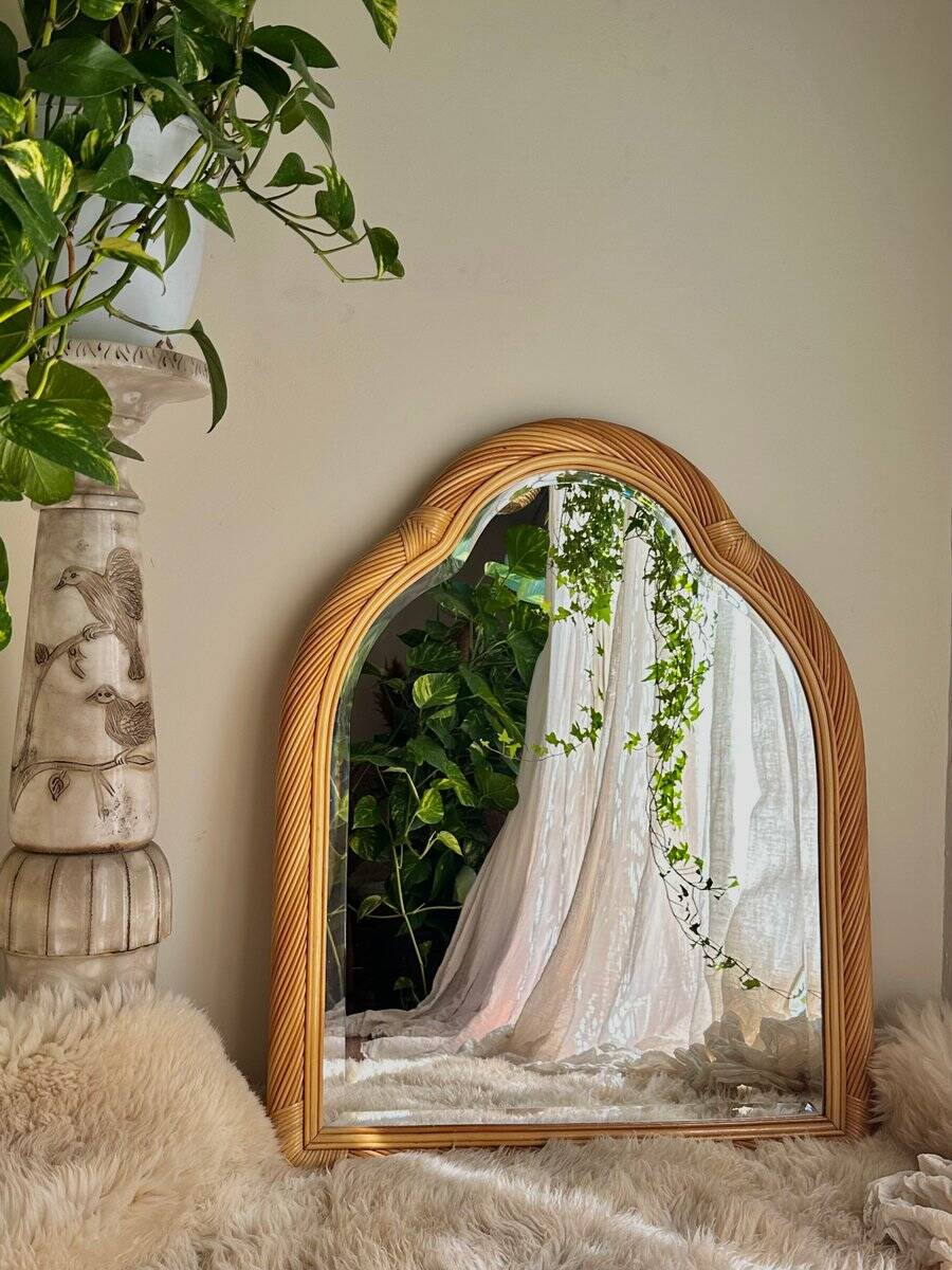Vintage Twister mirror in spiral rattan with bevelled glass by Alberich, Spain, 1970s.