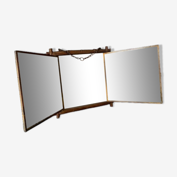 Miroir triptyque ancien, bois façon bambou
