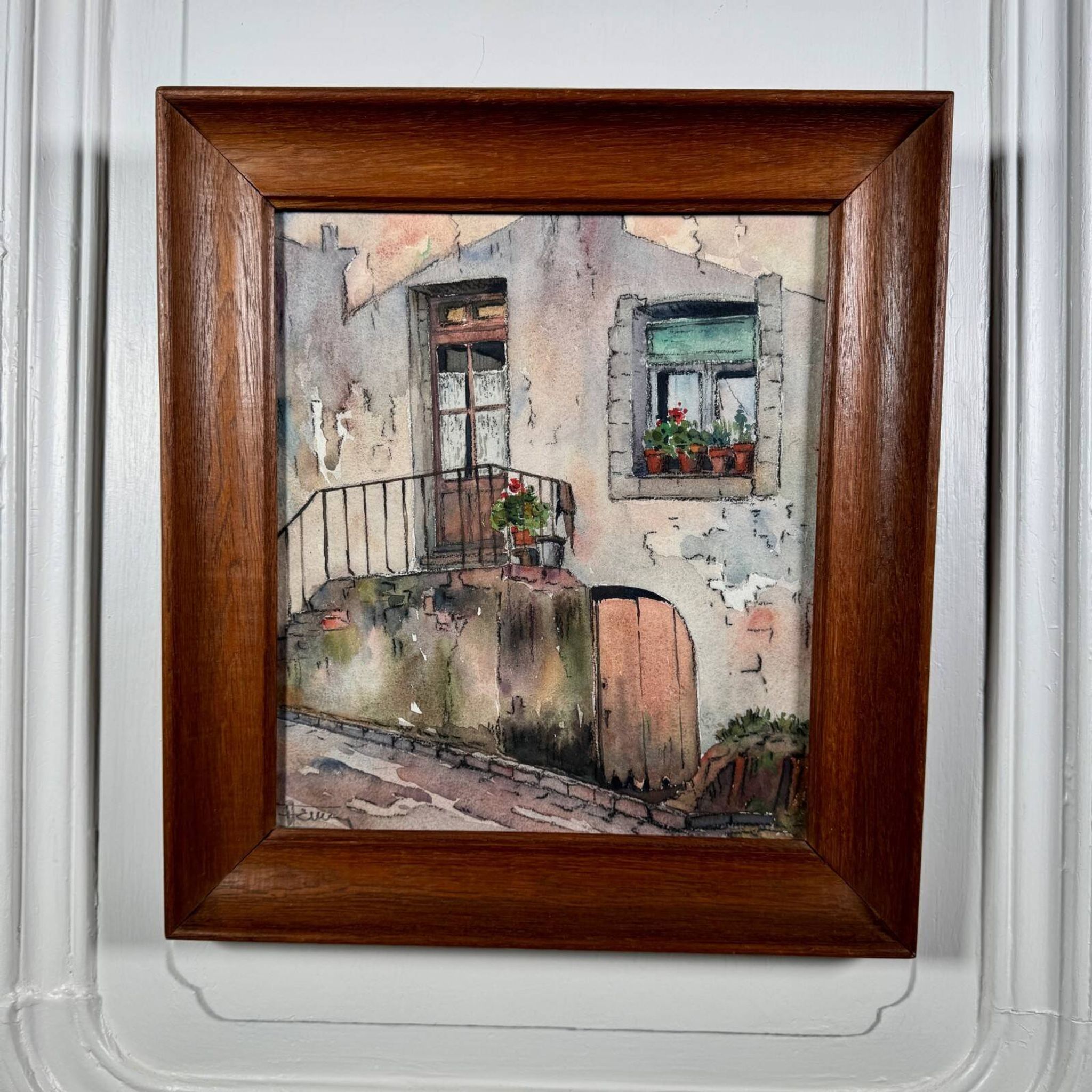 Aquarelle sur papier représentant l'entrée d'une maison début XXe