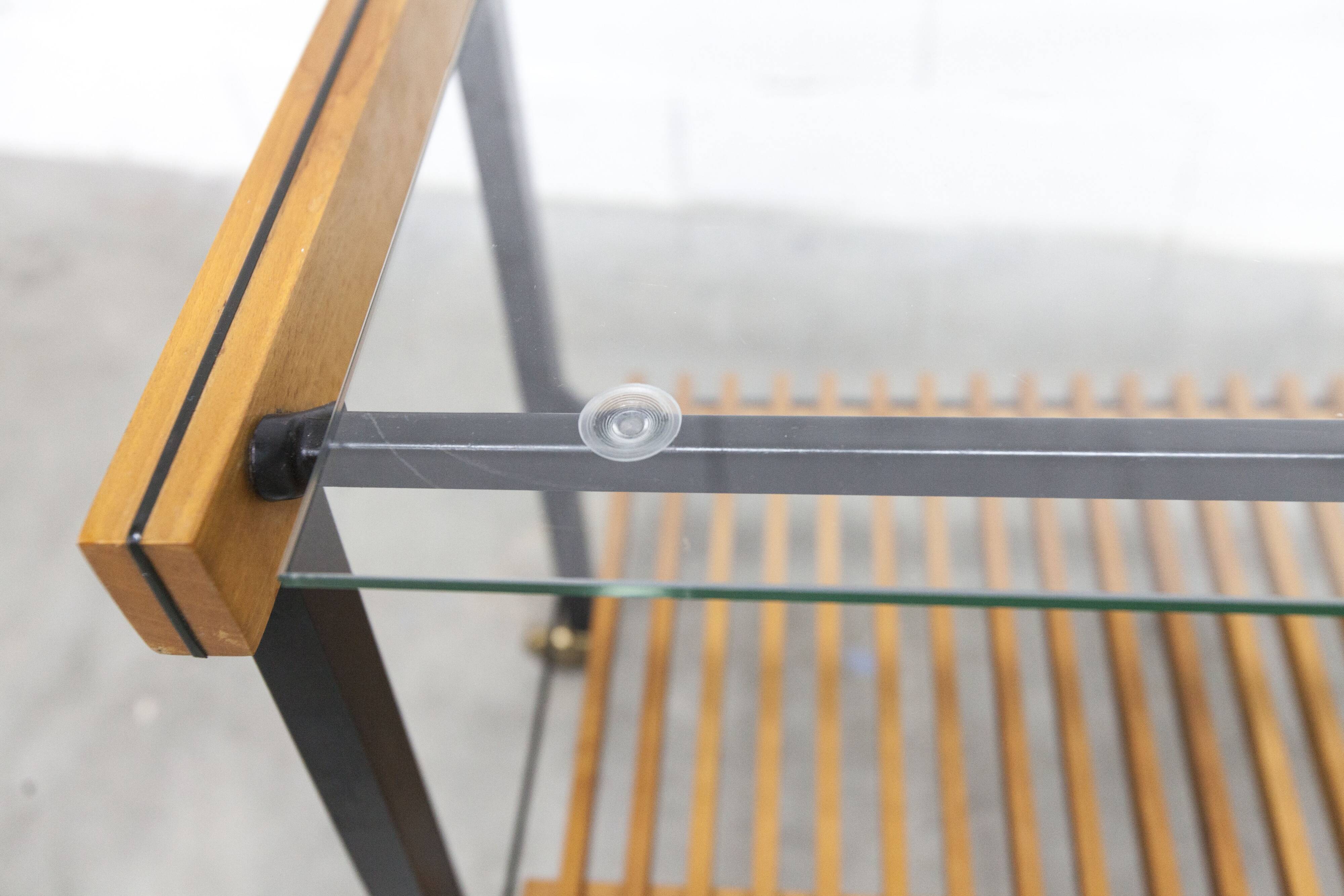 1960s serving cart, hi-fi cabinet on casters, teak, black metal, glass