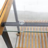 1960s serving cart, hi-fi cabinet on casters, teak, black metal, glass