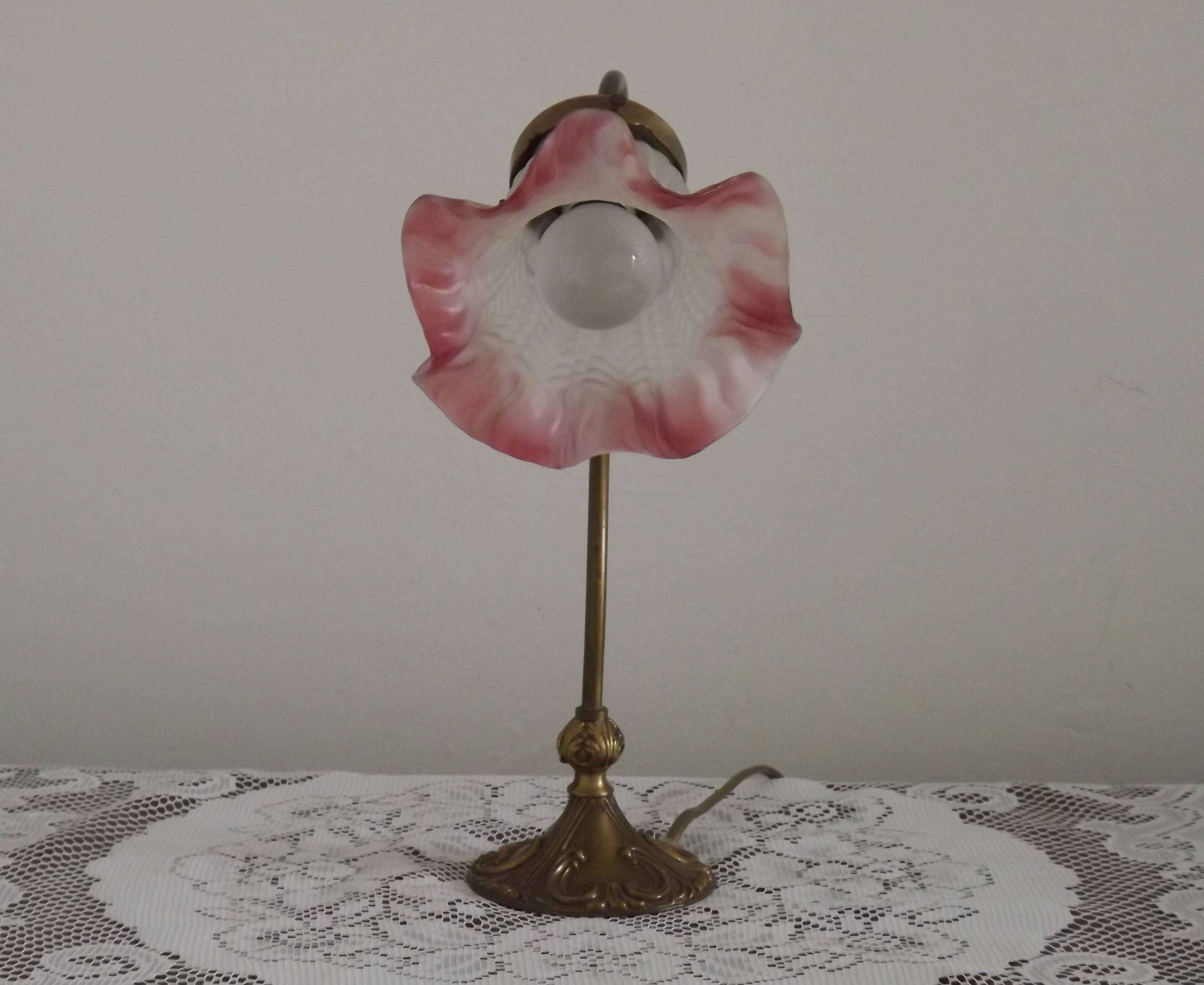 French Art Nouveau Brass Goose Neck Table Lamp White & Pink Glass Shade