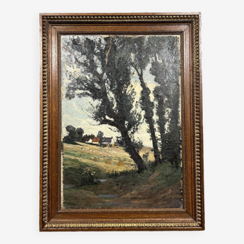 Julien Adolphe Déjardin (1857-1907) : huile sur toile paysage encadrement en bois naturel