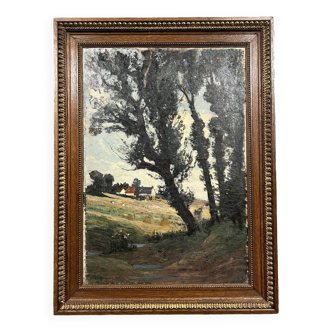 Julien Adolphe Déjardin (1857-1907) : huile sur toile paysage encadrement en bois naturel